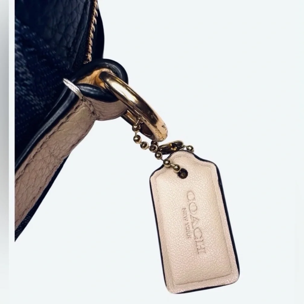 Coach Mini Dempsey Camera Bag in Signature Denim with Rainbow Web Strap